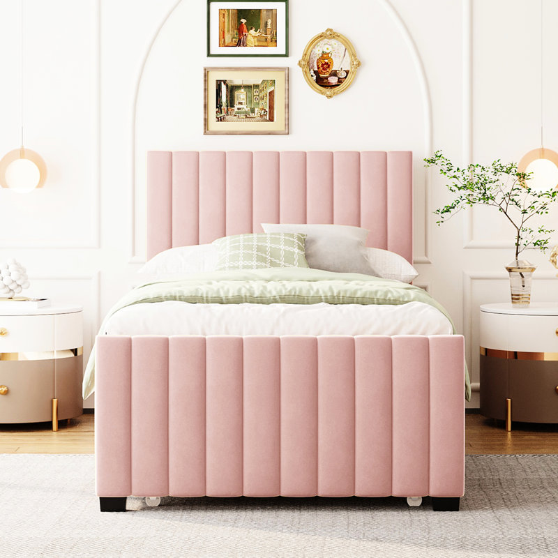 Lit gigogne simple rose rembourré - construction solide, utilisation polyvalente, pas de sommier tapissier avec et, design