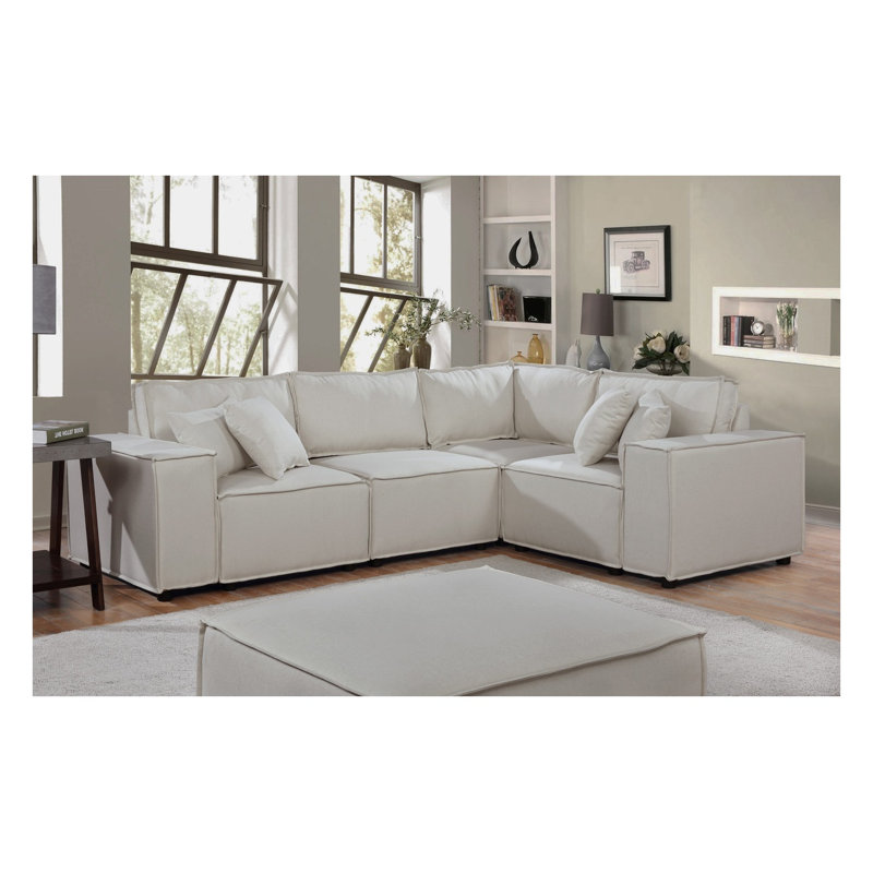 Canapé modulaire de 99 po avec repose-pieds en lin beige Melrose