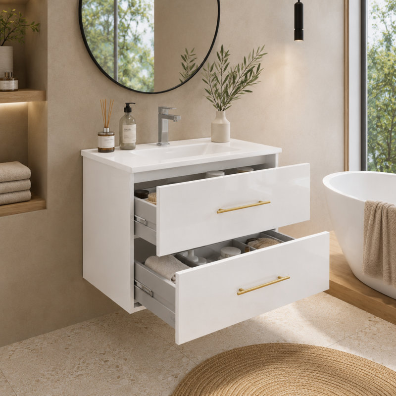 Ensemble de meuble-lavabo mural simple flottant 30 po avec tiroirs à fermeture en douceur et lavabo en céramique intégré, blanc