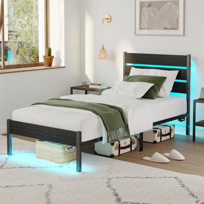 Bed Frame with Charging Station, LED Light Metal Bed Frame with Wooden Headboard, No Box Spring Required, No Noise, Easy Assembly