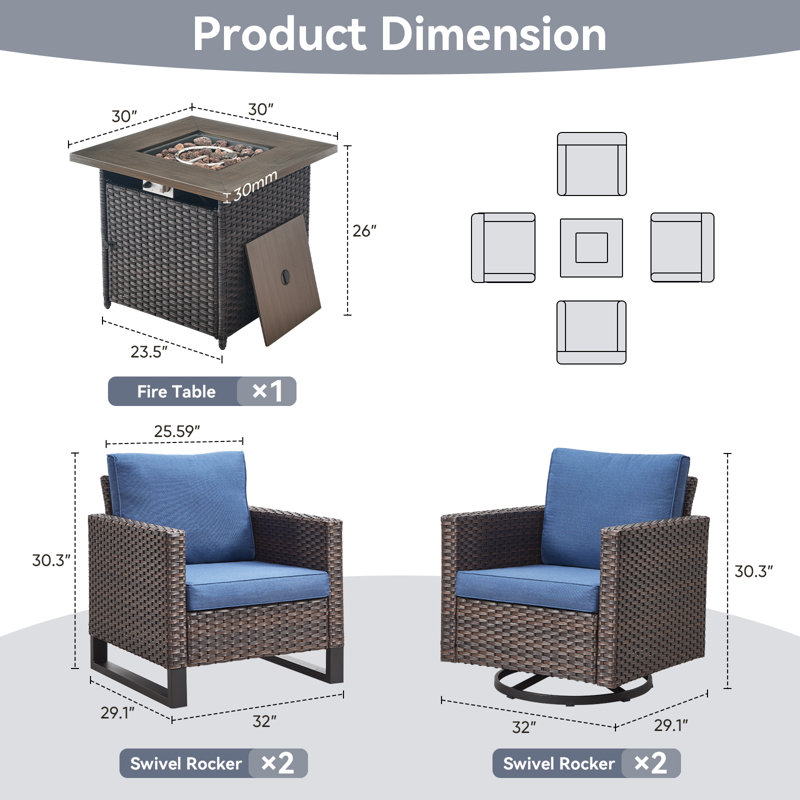 Ensemble de conversation d'extérieur en osier pour 4 personnes avec foyer et coussins Nazime PE, Bleu