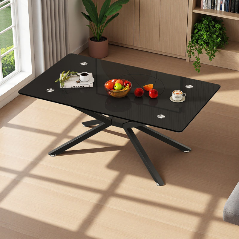 Table basse rectangulaire en verre trempé de 39,37 po de conception élégante avec pieds en métal, Noir, Noir