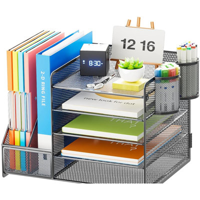 Desk Organizer with File Holder, 5-Tier Paper Letter Tray Organizer,Drawer,2 Pen Holder,Black