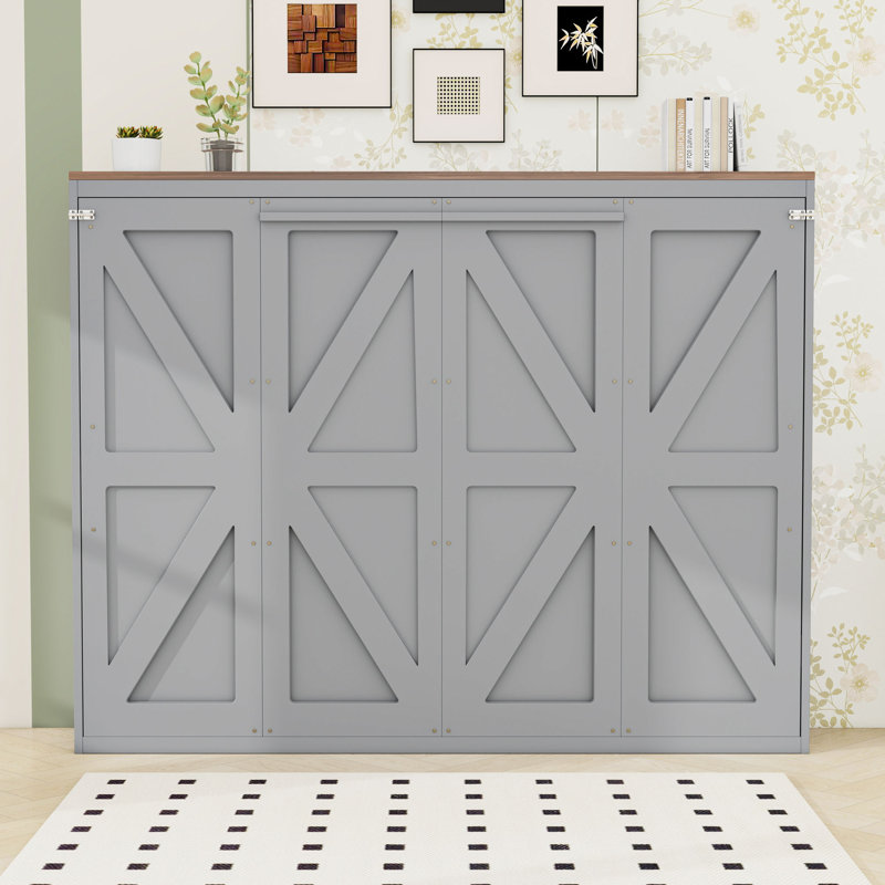Grand lit escamotable avec port USB et lattes, Gris