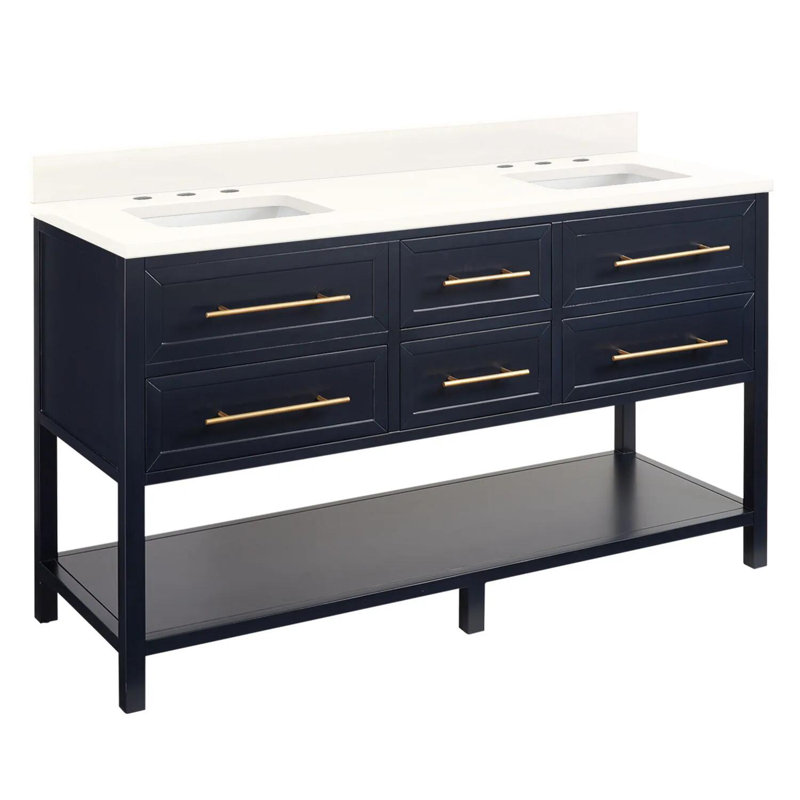 60" Robertson Double Bathroom Vanity Set with Rectangular Undermount Sinks, Single Hole, Midnight Navy Blue, Carrara Marble