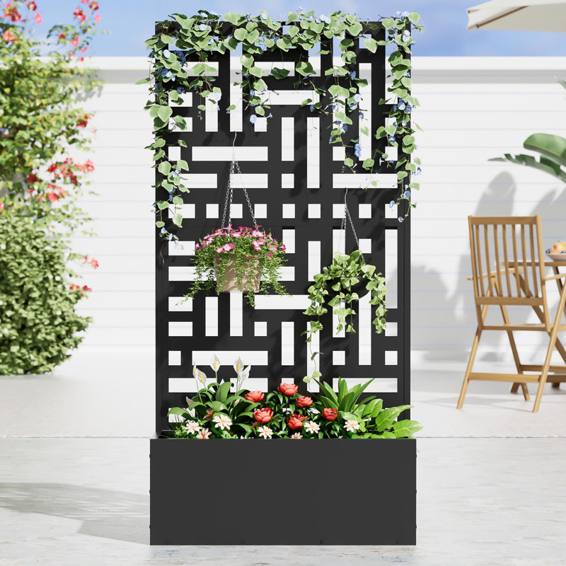 Boîte à fleurs en métal avec treillis, H 59 po x l 30 po x P 11 po, Noir