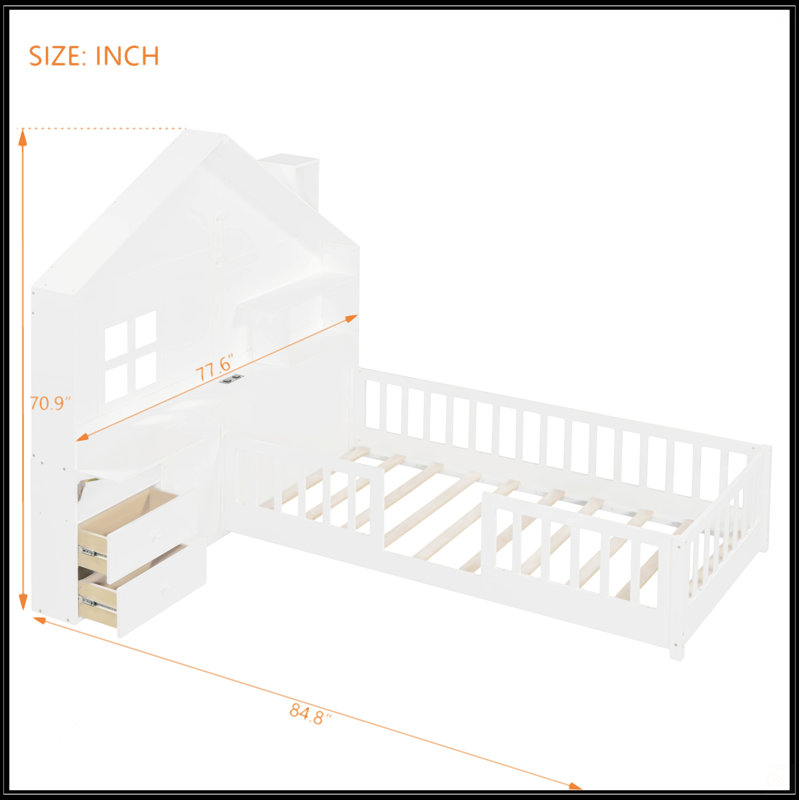 Twin Size House Bed With Window And Bedside Drawers