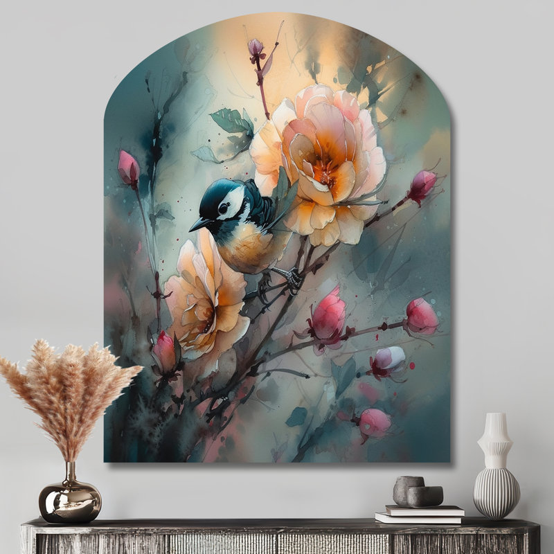 «Blue Little Bird On Rose Tree Banch I», décoration murale en métal à motif floral, H 43 po x l 33 po