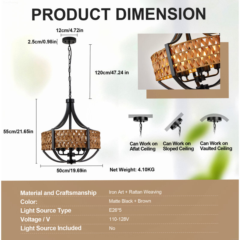 Lustre 5 lumières en cristal style campagne moderne avec chaîne de suspension réglable, noir, Rattan