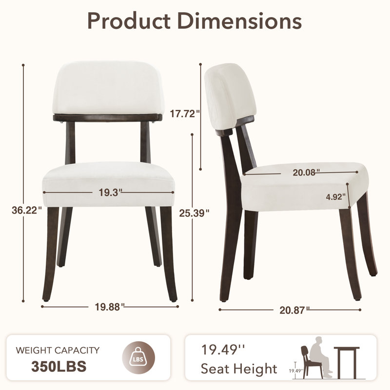 Mid-Century Upholstered Solid Wood Side Chair  Set of 2, White