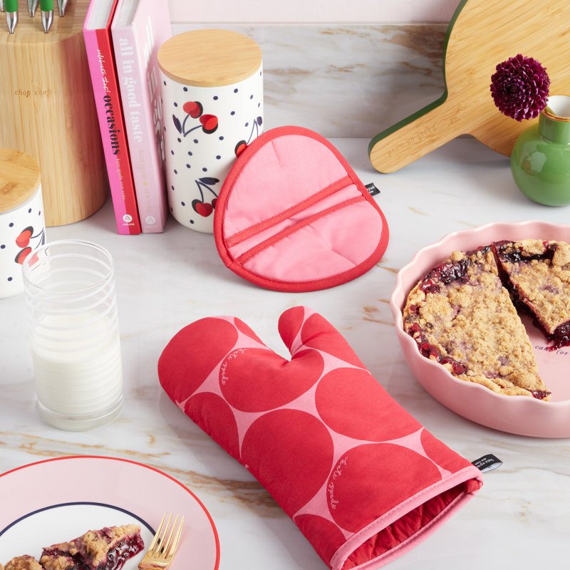 Kate Spade New York Oven Mitt & Pot Grabber 2 Piece Set, Heat Resistant 100% Cotton, Red/Rose Pink