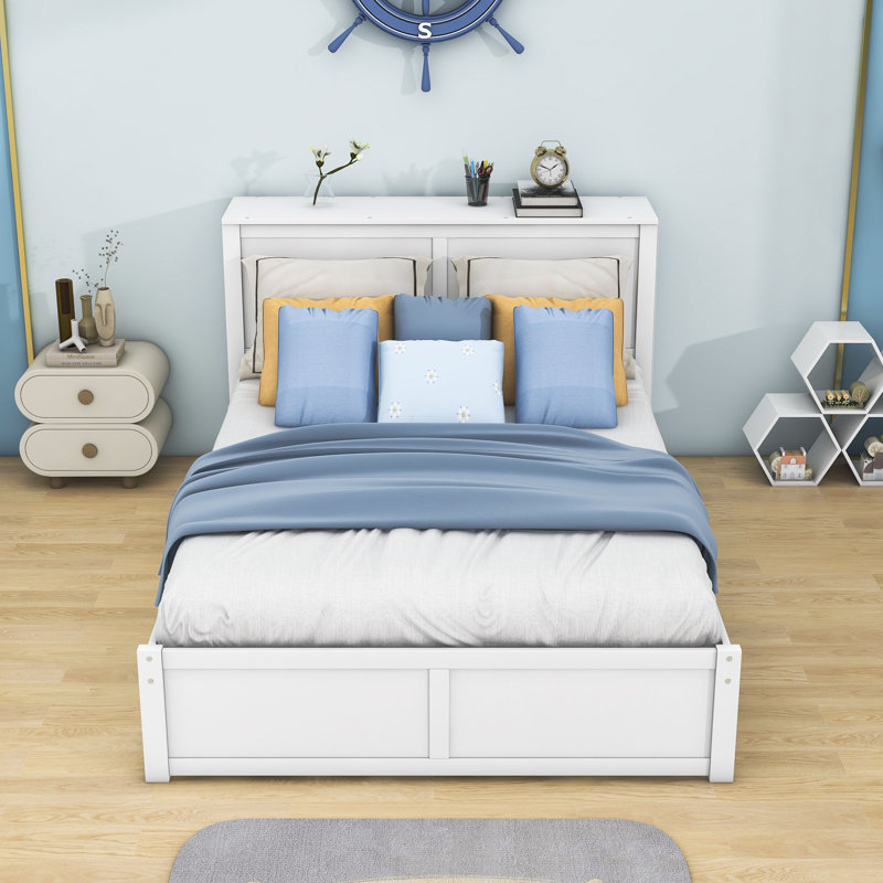 Ezai Wood Platform Bed with Trundle and Pull Out Shelves, Full/Double