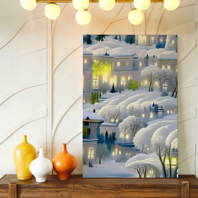 «Winter Wonderland Snowy Village Landscape Blue Glow», reproduction d'art sur toile, paysage bleu pour décoration intérieure, chambre à coucher, salon, bureau, galerie, décoration murale