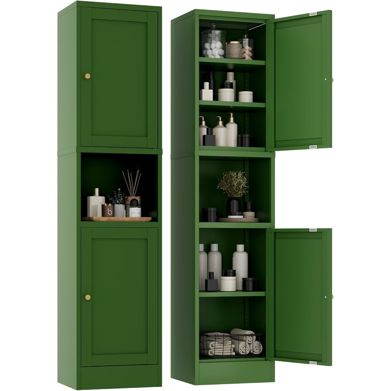 Armoire de rangement mince pour salle de bain avec portes et tablettes, étagère ouverte à 6 niveaux, armoire étroite, haute et mince, convenant aux petits espaces