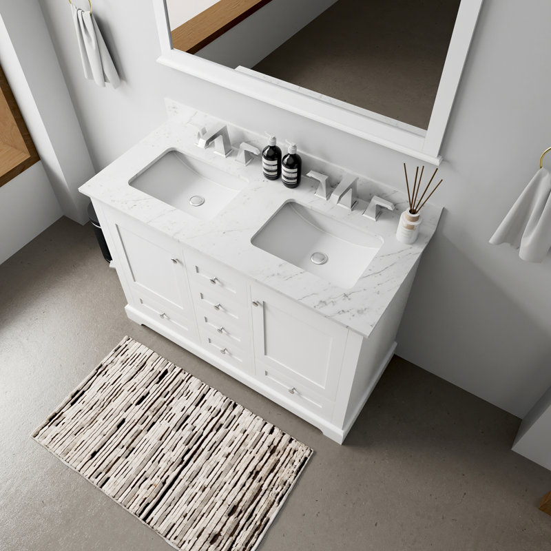 Ensemble de meuble-lavabo double avec plateau en marbre de Carrare et robinet
