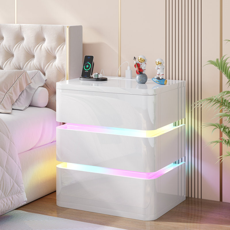 Fully Assembled 3-Drawer Nightstand with Charging Station and Motion Sensor RGB Light, Curved Profil, White