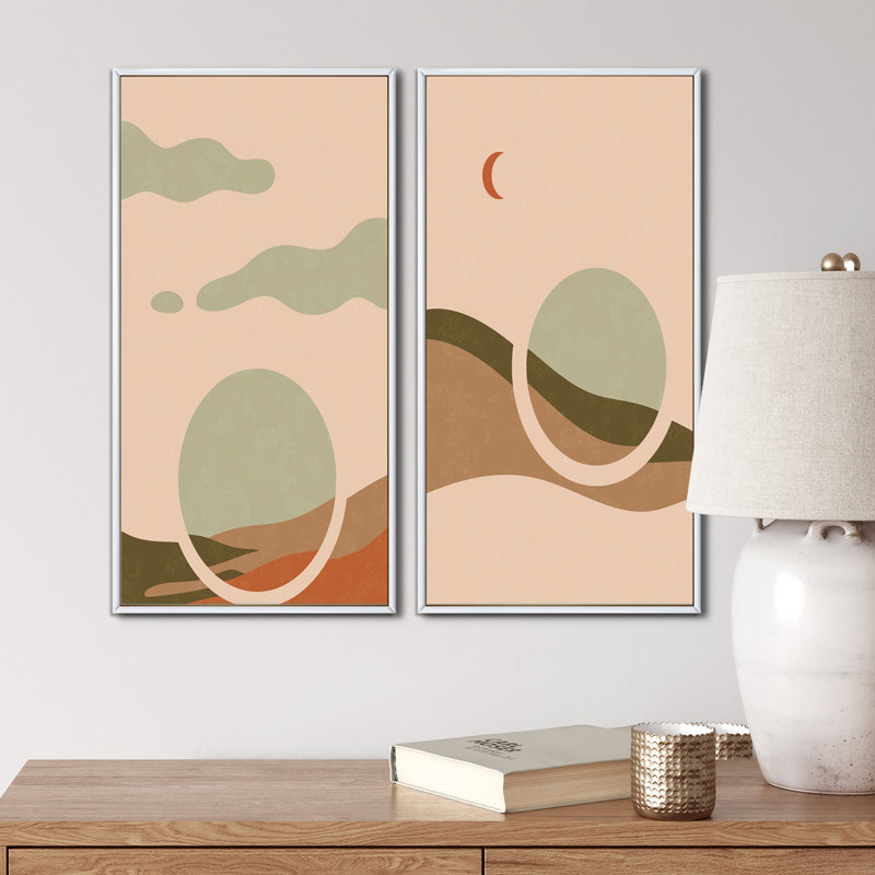 «Retro Sunrise Landscape with Moon I», ensemble de 2 impressions, H 32 po x l 32 po x P 1 po, Toile avec cadre blanc