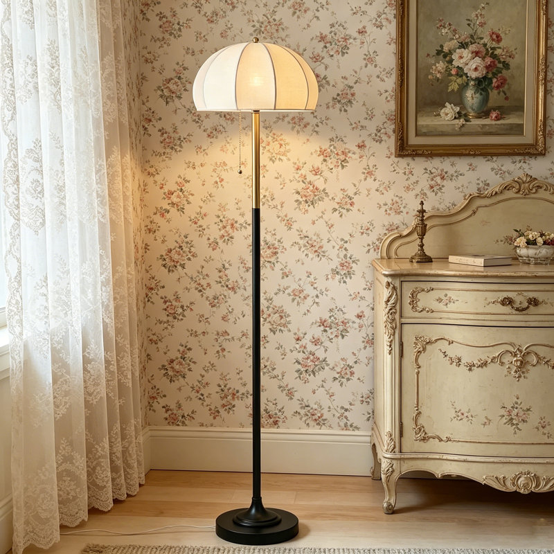 Lampe sur pied transitionnelle en métal noir et laiton avec abat-jour dôme en tissu cannelé blanc et chaînette