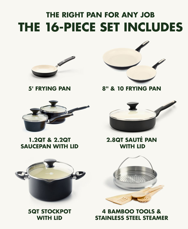 Rio Ceramic Nonstick 16-Piece Cookware Set | Black