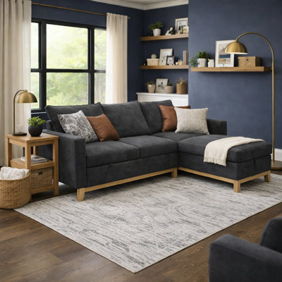 Canapé modulaire réversible de 84 po avec canapé-lit, canapé en L avec méridienne de rangement, canapé-lit en tissu 3 places avec pieds en bois et 2 coussins décoratifs pour le salon, l’appartement