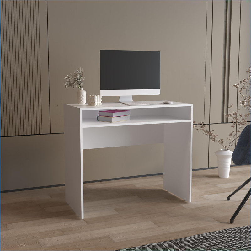Bureau d'ordinateur H 30,6 po avec 1 tablette de rangement | Blanc | Bois d'ingénierie, Blanc