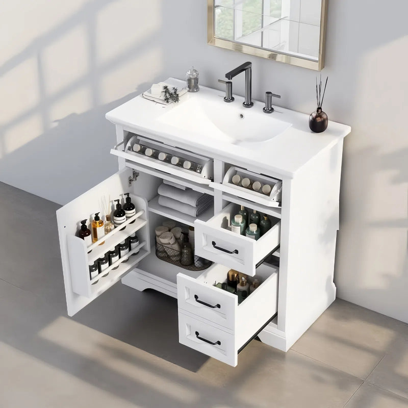 Meuble-lavabo 36 po avec lavabo, 2 tiroirs avec glissières, 2 tiroirs rabattables et 1 porte, Blanc