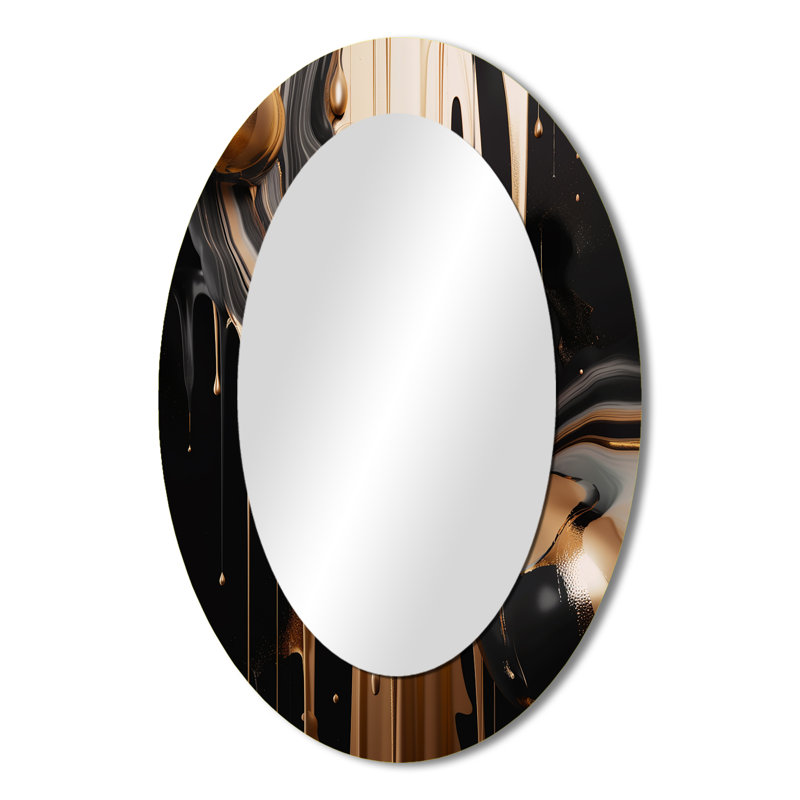Gold And Black Marbled Euphoria IV - Gold Modern Oval Wall Mirror, 36" x 24"