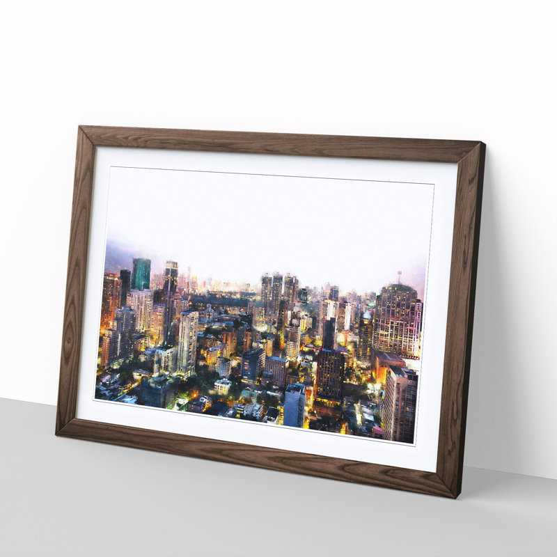 Bangkok Skyline In Thailand - Single Picture Frame Painting on MDF, 45cm H x 63cm W x 2cm D, Walnut