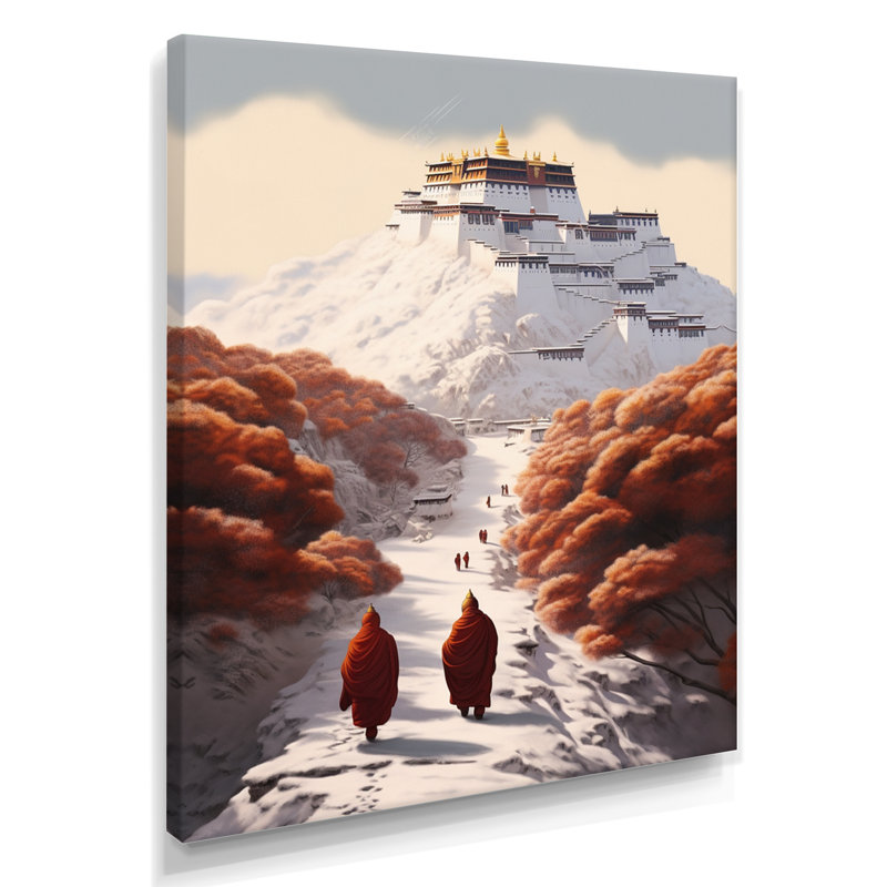 Moines rouges marchant vers le temple enneigé - Paysage d'hiver, Toile tendue, H 32 po x l 16 po x P 1 po