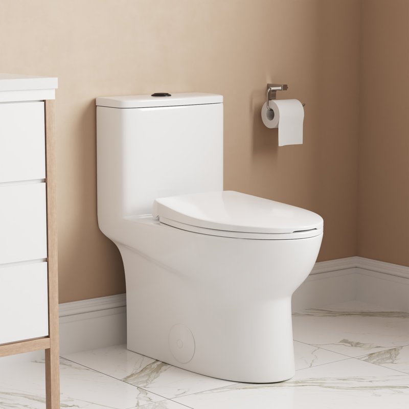 Toilette allongée une pièce à double chasse avec surface émaillée Ally, Blanc/Noir, 12"