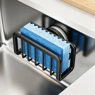 Sponge Holder for Kitchen Sink with Strong Suction Cup, Rustproof Aluminum Sink Caddy for Sponges, Dish Brush and Scourer, Removable and Reusable Wall Mount Storage, Easy Installation, Black