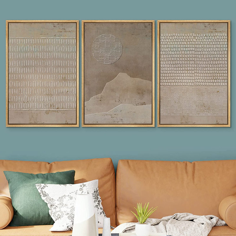 Geometric Line Grunge Geometric Minimalist Brown Abstract Frame Art 3 Piece Set - No Texture Graphic Canvas Print, Natural