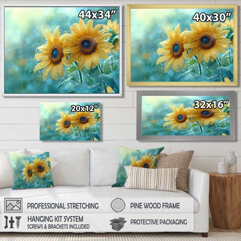 «Driana Rain Washed Sunflowers I» - art mural tournesols, H 30 po x l 40 po, Reproduction encadrée d'une seule photo, Blanc