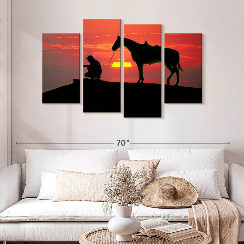 Cowboy de Brampt au coucher du soleil, H 32 po x l 52 po