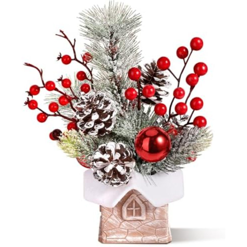 Petit sapin de Noël artificiel de table avec mini décorations de Noël avec ornements des fêtes, baies rouges, pomme de pin, verdure pour la maison, manteau de cheminée, décor de Noël
