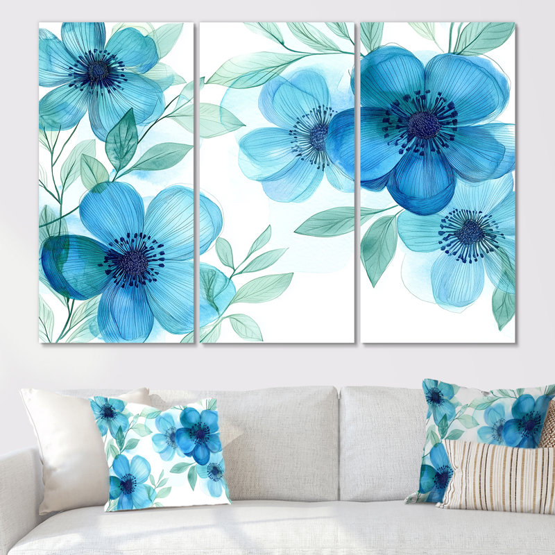 «Blue Wildflowers», art mural sur toile Meadow, H 32 po x l 48 po, Toile tendue sans cadre