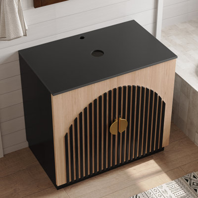 Armoire de meuble-lavabo moderne avec porte cannelée 30 po, armoire de rangement autoportante avec comptoir en pierre, sans évier
