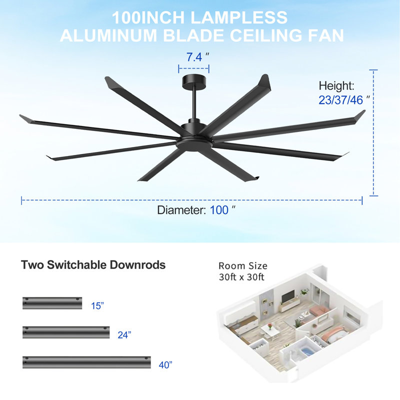100 INCH Large Size Industrial PM DC Motor Ceiling Fan with 8 PCS Aluminum Blades ,6-Speed Remote Control, Adjust Height ( 3 Down rods) Commercial Ceiling Fan Without Light For Porch/Garage/Shop-BLACK