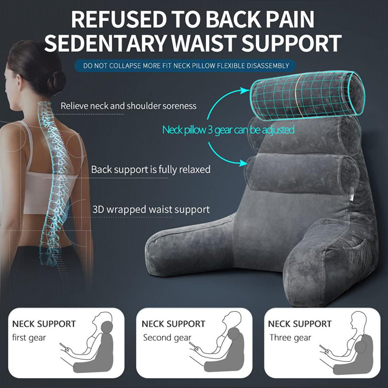 Extra Large Reading Pillow For Adults (Bed) - Backrest With Arms, Detachable Neck Cushion, Side Pocket & Shredded Foam, Washable Cover