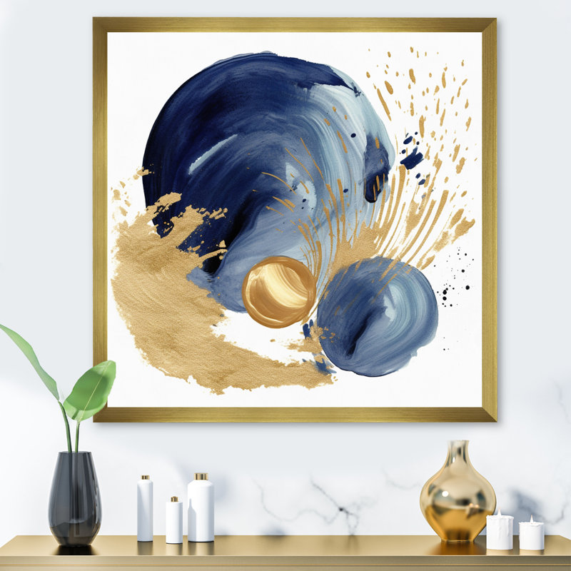 «Dark Blue & Gold Abstract Circle Texture I», reproduction sur toile, Cadre doré à une seule photo