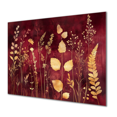 «Botanicals in Burgundy Shadow I», impression sur métal à motif de photos botaniques, feuilles