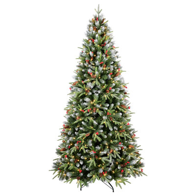 Snow-Tipped PE+PVC Branches Hinged Design Christmas Tree with Warm White LED Lights, Red Berries & Pine Cones