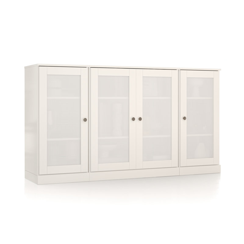 Buffet 100% bois massif 65 po avec portes en verre givré et tablettes réglables, Blanc