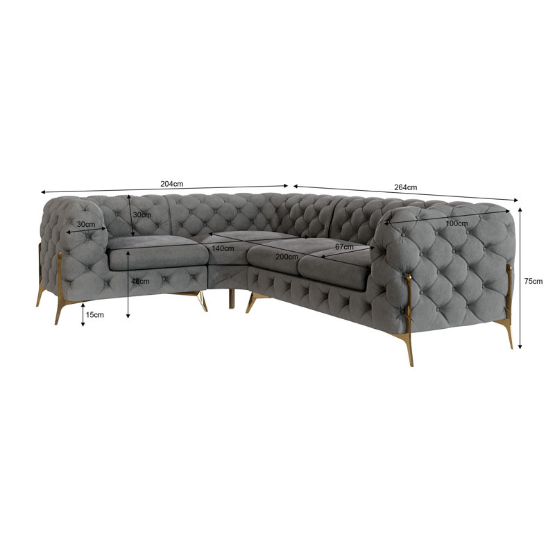 Chesterfield Corner Sofa L-Shape  with Gold Metal Legs, Right Hand Facing, Grey
