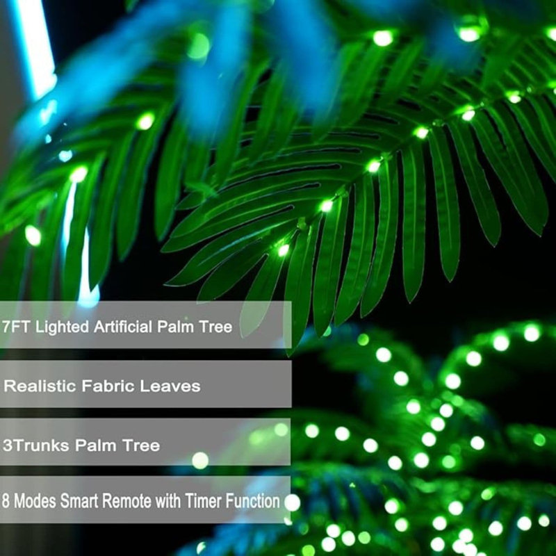 7FT Green Plastic Palm Tree with LED Lights for Outdoor Decor
