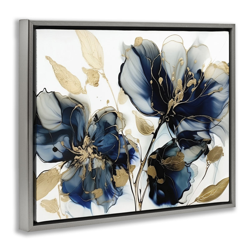 Fleurs bleues tourbillonnantes modernes, H 17 po x l 21 po, Cadre flottant gris lustré