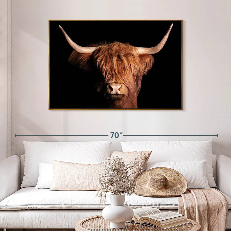 Vache écossaise Highland, 46 po x 31 po, Cadre flottant doré