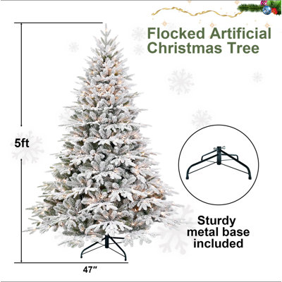 Arbre de Noël artificiel floqué 7,5 pi avec 650 lumières incandescentes blanc chaud, 3135 pointes, pin enneigé PE + PVC avec branches à mémoire de forme partielle, support en métal pliable pour les Fêtes