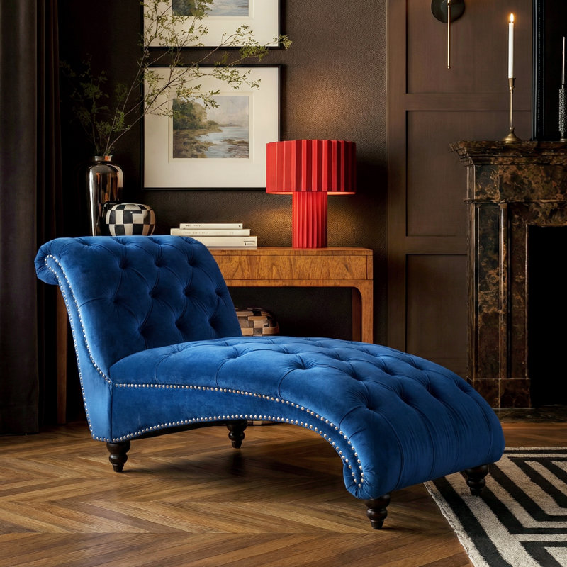 Chaise longue rembourrée avec pieds en bois Montaz, Noir, Bleu