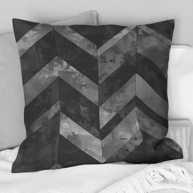 Imprimé à chevrons gris et noir IV - Coussin décoratif moderne, H 18 po x l 18 po
